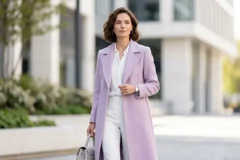 Elegancka kobieta w płaszczu w kolorze liliowym, białej koszuli i spodniach, z szarą torebką w dłoni, idzie ulicą.