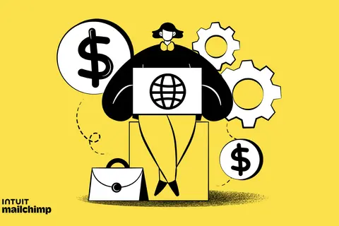 Illustrazione stilizzata di una persona con un laptop che mostra il globo, ingranaggi e simboli del dollaro, che rappresenta il **business purpose** globale e la crescita finanziaria.