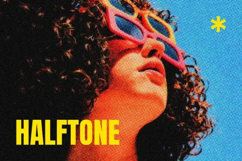 A person with curly hair wears colorful sunglasses, with a comic book effect photoshop style. The word "HALFTONE" is in yellow text.