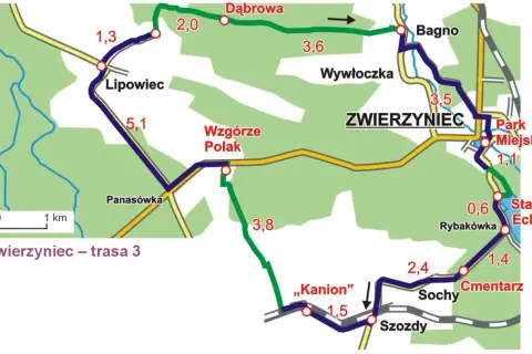 Mapa trasy rowerowej Zwierzyniec Florianka. Znajdziesz tu punkty takie jak Lipowiec, Bagno, Park Miejski, Stawy Echo, Cmentarz, Sochy, Szozdy i "Kanion".