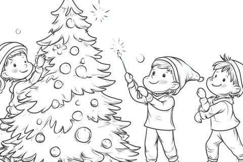 Drei Kinder schmücken einen Weihnachtsbaum mit Sternspritzern und Kugeln.