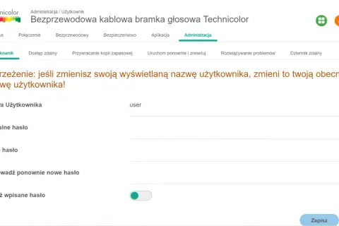 Zmiana hasła technicolor CGA2121. Ekran administracji bramki Technicolor, gdzie można zmienić nazwę użytkownika i hasło.