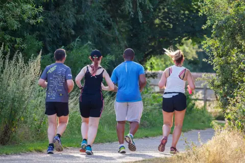 Quattro persone corrono su un sentiero. Ho perso 10 kg correndo, e loro sembrano motivati come me!