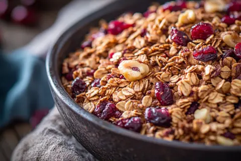 En skål med hemmagjord granola, full av havregryn, nötter och torkade tranbär. Perfekt för en hälsosam frukost.