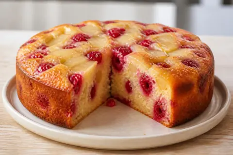 Gâteau moelleux aux framboises et morceaux de fruits, avec une croûte dorée et des fruits rouges juteux.