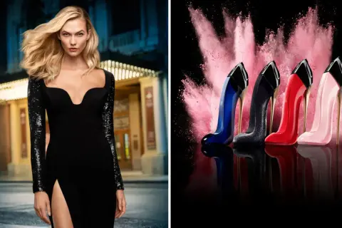 Karlie Kloss w czarnej sukni obok flakonów perfum Herrera w kształcie szpilek.