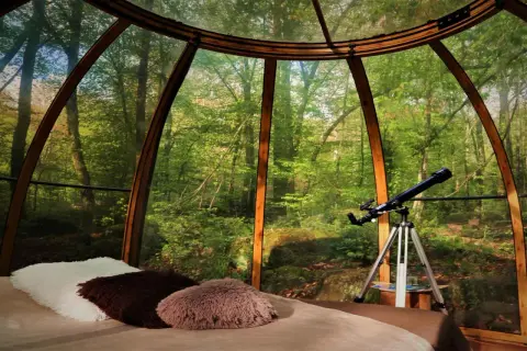 Un télescope prêt pour observer les étoiles depuis ce logement insolite grand est, niché au cœur d'une forêt luxuriante.