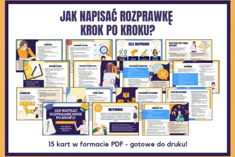 Ilustracja przedstawia kolaż kart z poradami dotyczącymi pisania rozprawki, z hasłem "Jak napisać rozprawkę krok po kroku?".