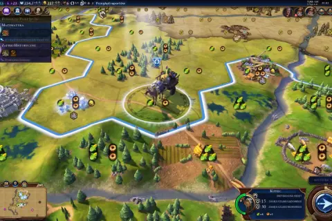 Gra Civilization VI: poradnik. Widać postęp w rozwoju technologii i budowie kampusu. Wóz z kupcem rusza w drogę.