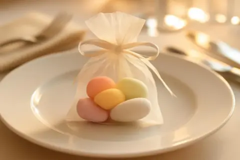 Une boîte à dragées chic sur une assiette blanche, remplie de bonbons pastel.