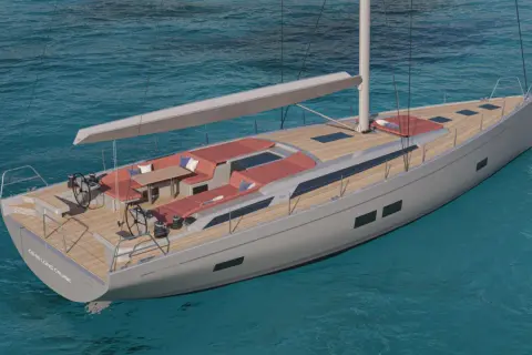 Yacht del Pardo con comodi divani rossi e tavolo in teak, pronta per una crociera.