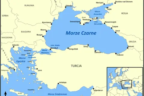 Bułgaria leży nad Morzem Czarnym. Mapa pokazuje wybrzeże Bułgarii z miastami Warna i Burgas.
