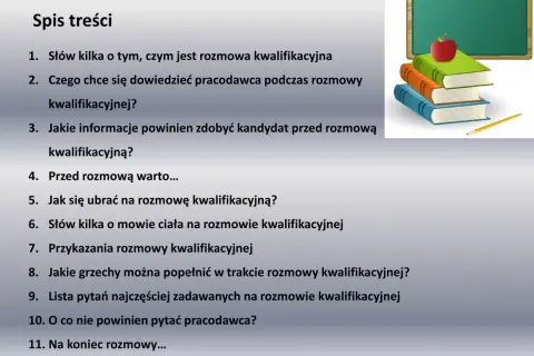 Spis treści prezentuje pytania na rozmowie kwalifikacyjnej, od podstaw po błędy i pytania do pracodawcy. Obok stos książek i jabłko.
