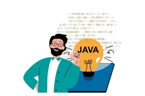 Un développeur avec une ampoule "JAVA" sur un écran d'ordinateur, entouré de code binaire.