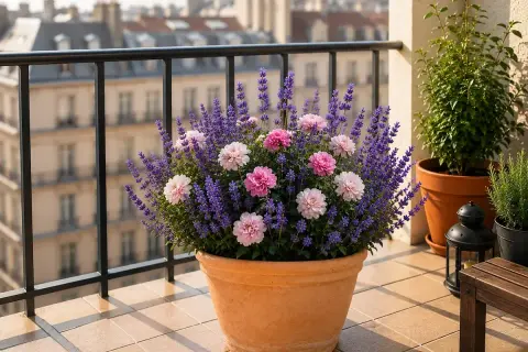 Ein üppiger lavendel balkonkasten mit zarten rosa und weißen Blüten auf einem Pariser Balkon.