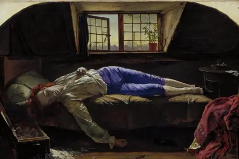 A young man lies in repose, a scene reminiscent of sad Renaissance paintings. His eyes are closed, his body still, as if in a deep sleep. The room is dimly lit, with a single window offering a glimpse of the outside world.