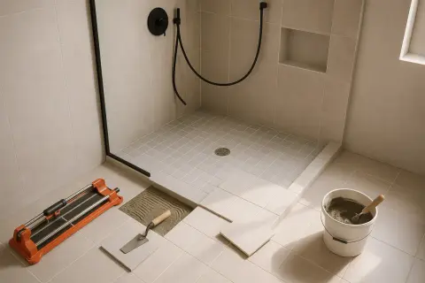 Pose de carreaux pour le revêtement sol douche italienne. Outils de pose à portée de main.