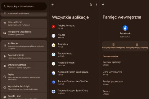 Jak wyczyścić pamięć podręczną w telefonie? Ekran pokazuje opcje zarządzania aplikacjami i pamięcią wewnętrzną, w tym czyszczenie pamięci podręcznej.