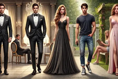 Uomini in smoking e donne con abiti eleganti, pronti per un evento **cocktail attire**.