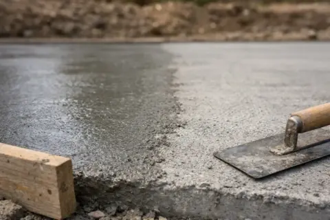 Świeży beton na budowie, narzędzia i drewniana deska. Czekamy, aż beton wyschnie.