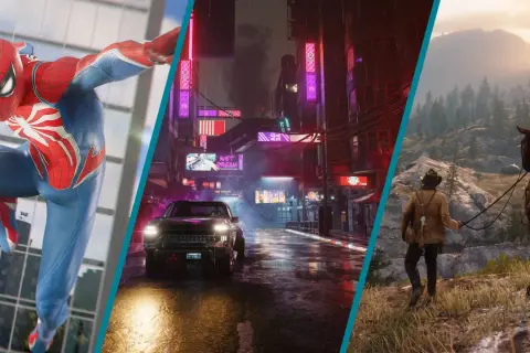 Spiderman schwingt durch eine Stadt, ein Auto fährt durch eine neonbeleuchtete Gasse, ein Cowboy reitet durch eine Berglandschaft – alles Teil von fesselnden open world games ps5.