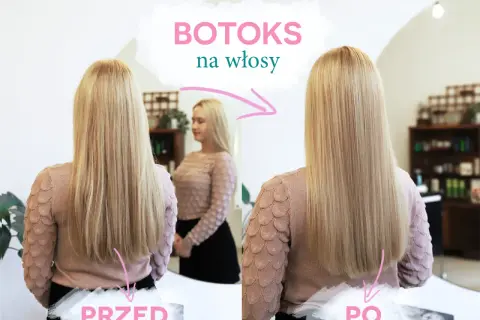 Przed i po zabiegu botoksu na włosy. Efekt wygładzenia i blasku, który utrzymuje się długo.