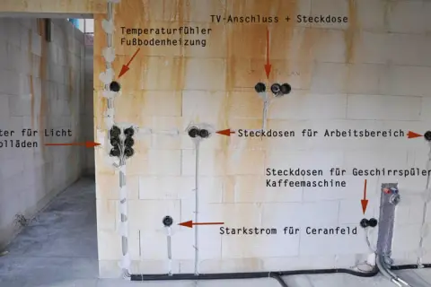 Elektrische Installation in einem Neubau mit markierten Steckdosen für verschiedene Geräte und einem Temperaturfühler. Der Abstand der Steckdosen ist für die spätere Nutzung optimiert.