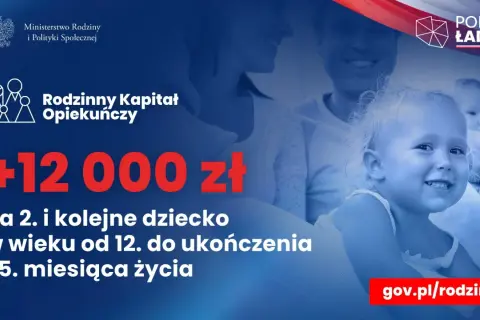 Rodzinny kapitał opiekuńczy: 12 000 zł na drugie i kolejne dziecko od 12. do 35. miesiąca życia. Uśmiechnięte dzieci i rodzice.