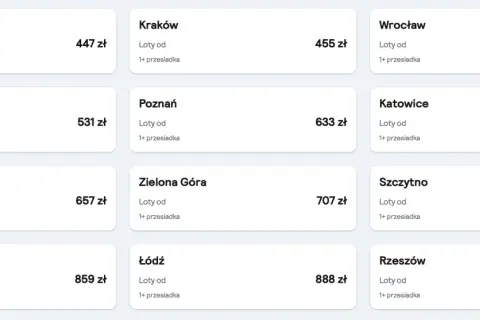 Tanie loty na majówkę z różnych miast Polski: Warszawa od 447 zł, Kraków od 455 zł, Wrocław od 507 zł.