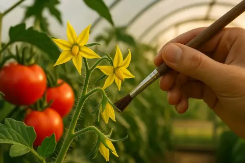 Ręka z pędzelkiem delikatnie dotyka kwiatów pomidora, naśladując naturalnego zapylacza.
