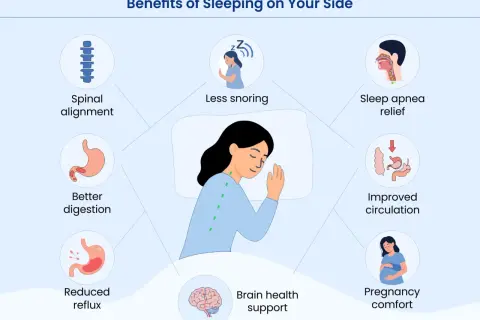 Illustration showing benefits of sleeping on your side, including spinal alignment, less snoring, and improved circulation. Learn como dormir de lado correctamente for better health.