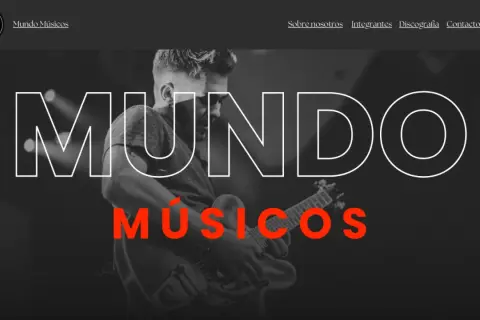 Un músico toca la guitarra en un escenario, con el texto "Mundo Músicos" superpuesto. Un ejemplo de dossier de prensa para artistas.
