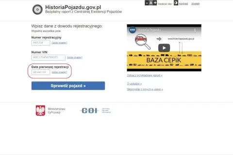 Pole "Data pierwszej rejestracji" w dowodzie pojazdu. Wpisz datę, aby sprawdzić historię pojazdu.