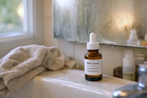 Buteleczka serum z kwasami BHA na umywalce, obok ręcznika. Lustro za nią zaparowane.