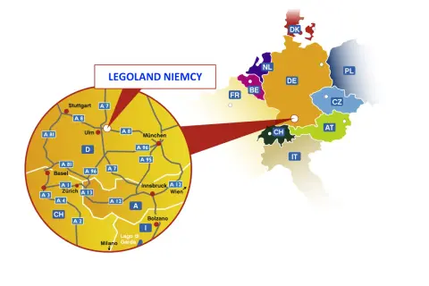 Mapa Europy z zaznaczonymi krajami i trasami dojazdu do LEGOLAND NIEMCY. Widoczny powiększony fragment z miastami Stuttgart, Ulm, Monachium, Zurych, Innsbruck i Bolzano.
