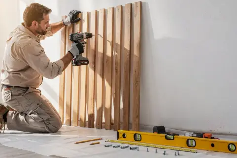 Un homme agenouillé fixe des lattes de bois brut sur un mur avec une perceuse. Des outils de mesure sont au sol.