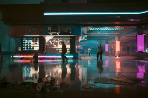 Deszczowa noc w cyberpunkowym mieście. Neonowe światła odbijają się w mokrej posadzce, tworząc atmosferę jak z **domu lalek cyberpunk**.