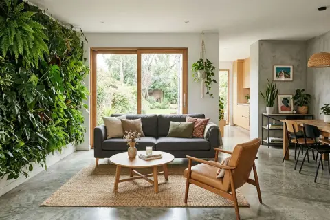 Salon moderne avec mur végétal luxuriant, canapé gris, fauteuil en cuir et **peinture effet taloche** sur le mur du fond.