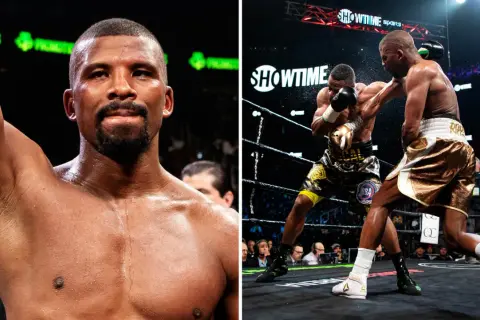 Boxaren Jean Pascal i ringen, svettig och fokuserad. Till höger ses han i en intensiv match.