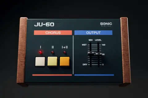 A vintage-style JU-60 chorus effect unit, reminiscent of a free Juno VST, with wooden casing and illuminated buttons.