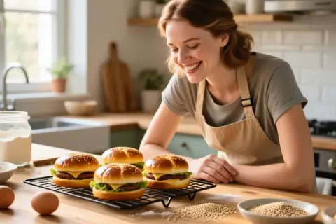 Une femme souriante prépare des pains à burger faits maison sur un plan de travail de cuisine.
