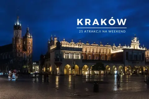 Nocny Rynek Główny w Krakowie, z Sukiennicami i Kościołem Mariackim w tle. Idealne miejsce na weekendowe wydarzenia.