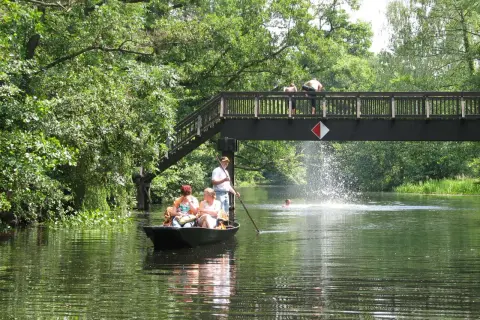 Bootsfahrt im Spreewald: Familie genießt die Natur, während jemand unter der Brücke schwimmt. Perfekte Ausflugsziele Spreewald für einen Sommertag.