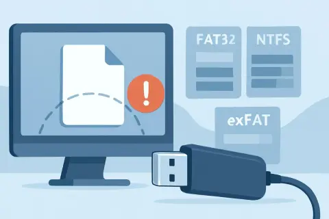 Problem z plikiem na pendrivie, system plików FAT32 może być przyczyną. Obok ikony błędu widoczne są opcje formatowania: FAT32, NTFS, exFAT.