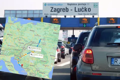 Mapa z trasą do Medjugorie, widok na bramki autostradowe w Zagrzebiu. Najlepsza trasa do Medjugorie prowadzi przez Słowenię i Chorwację.