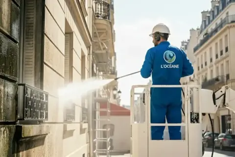 Un ouvrier en nacelle effectue le nettoyage mur extérieur d'un immeuble parisien avec un nettoyeur haute pression.