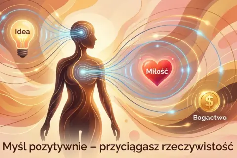 Sylwetka człowieka otoczona energią, z żarówką "Idea", sercem "Miłość" i monetą "Bogactwo". Klucz do szczęścia: pozytywne myśli przyciągają rzeczywistość.