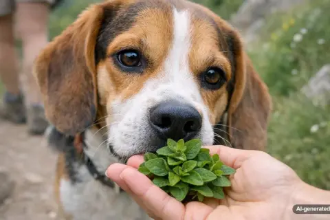 A beagle sniffs a sprig of oregano held in a hand. Curious about is oregano safe for dogs, this pup investigates the herb.