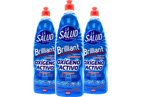 Tres botellas de limpiador multiusos "La Salud Brilliant" con "Oxígeno Activo" para una limpieza profunda sin lejía.