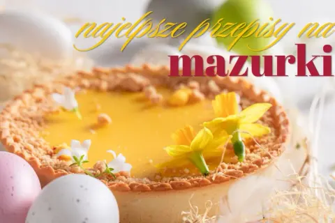 Przepis na bardzo dobry mazurek wielkanocny. Słodki, cytrynowy mazurek z żółtymi kwiatami i pisankami.